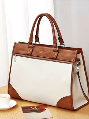 Two-Tone Cream and Brown Leather Laptop Tote by Cluci